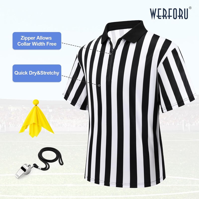 Werforu Referee Costume Set for Unisex,Zipper Ref Stripe Shirt Penalty Flag and Whistle for Football Sports Halloween Cosplay - Image 4